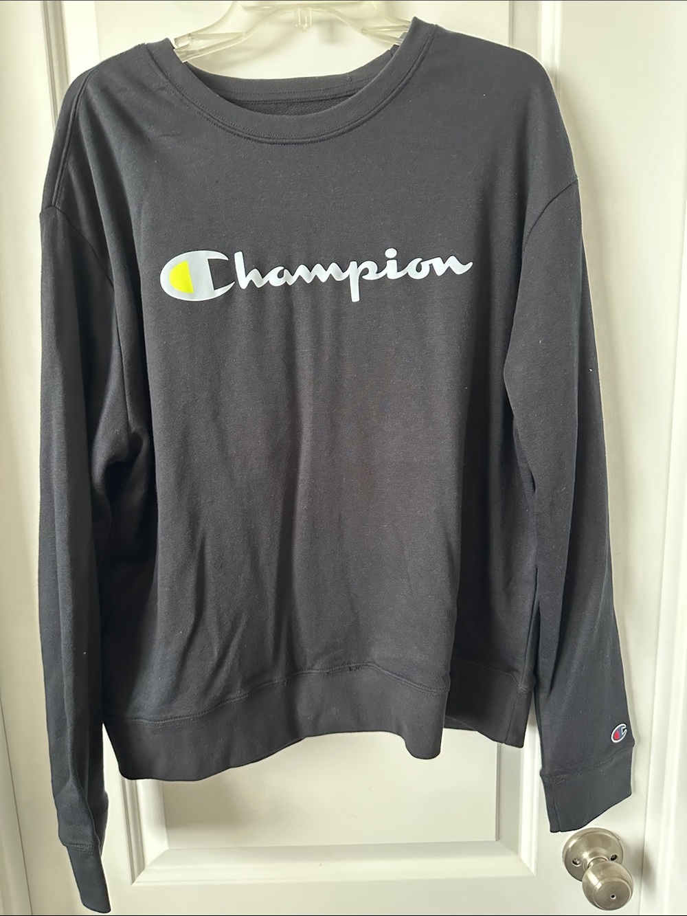 Champion Black Crewneck with White Script and Yellow Accent